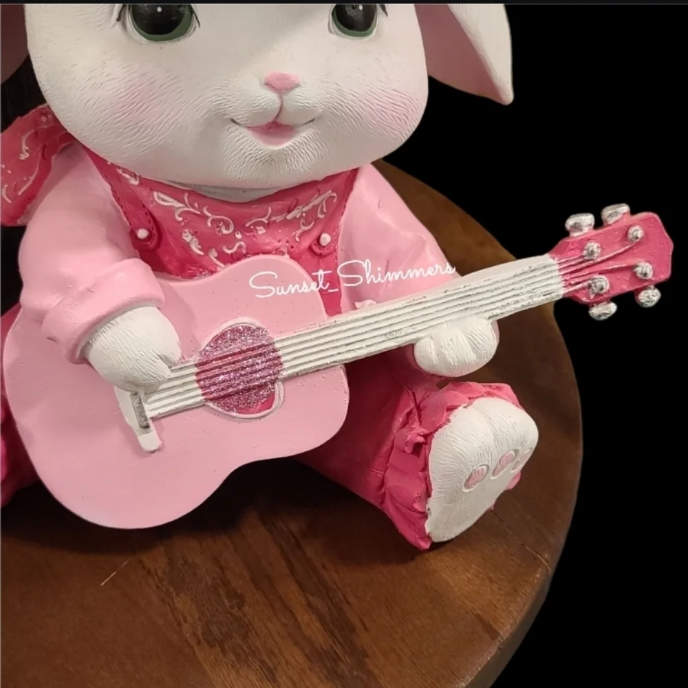 Bunny Girl Sparkly Pink Cowboy Hat Overalls Guitar Figure Decor